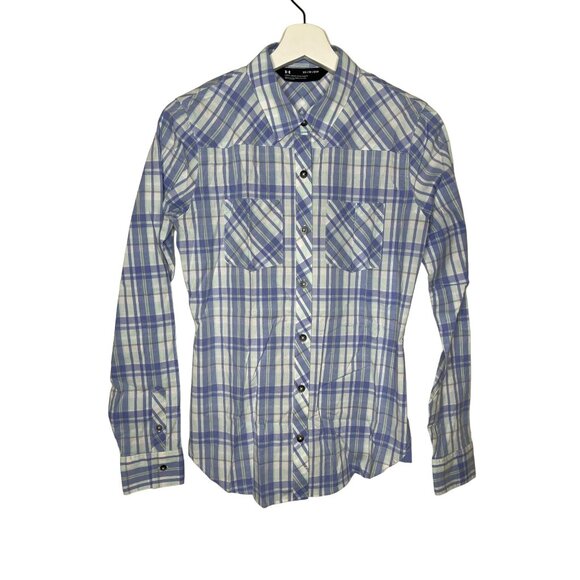 Under Armour Top Womens Size XS Button Down Shirt Blue Plaid Fall Casual Loose - Picture 1 of 12